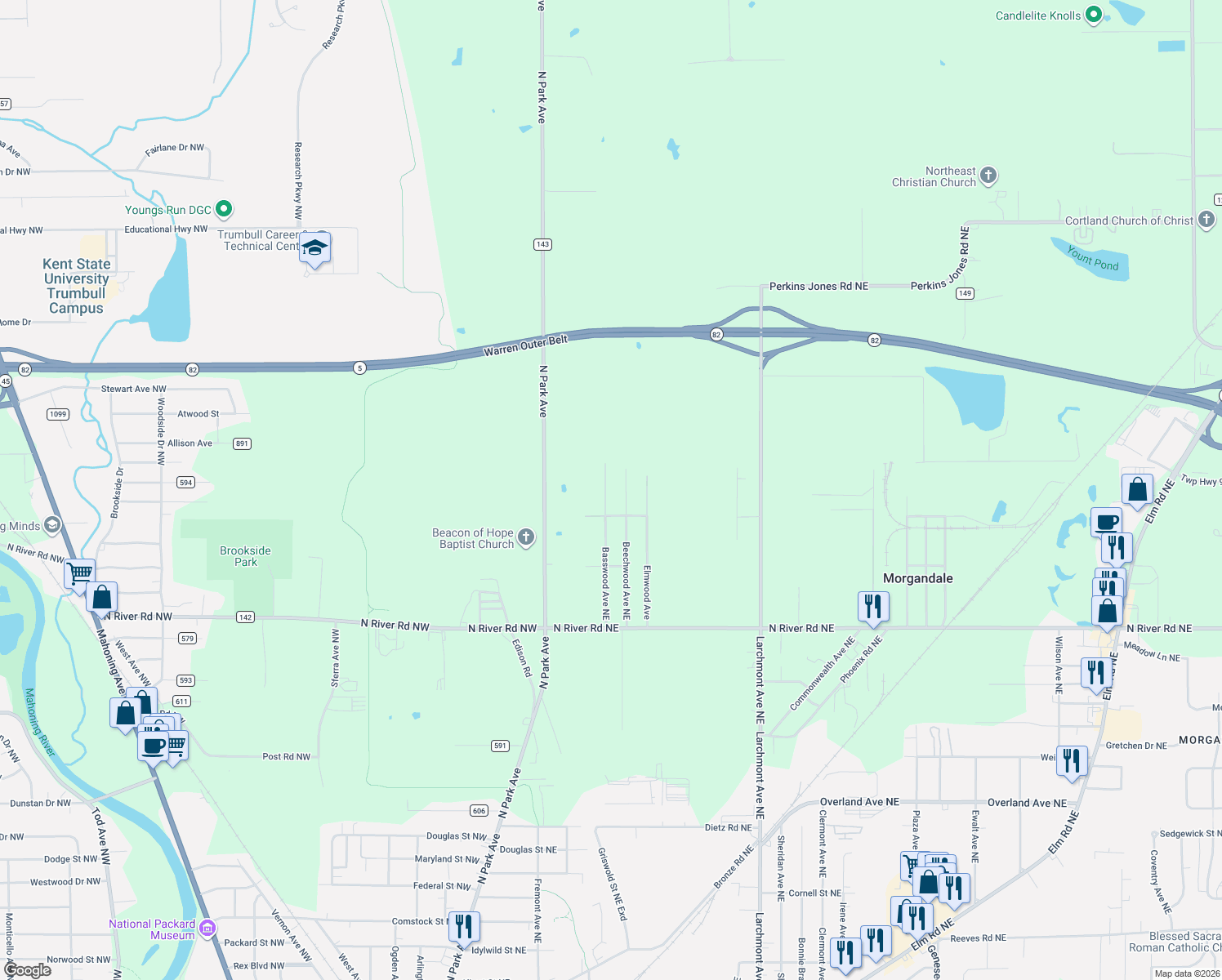 map of restaurants, bars, coffee shops, grocery stores, and more near 3856 Basswood Avenue Northeast in Warren