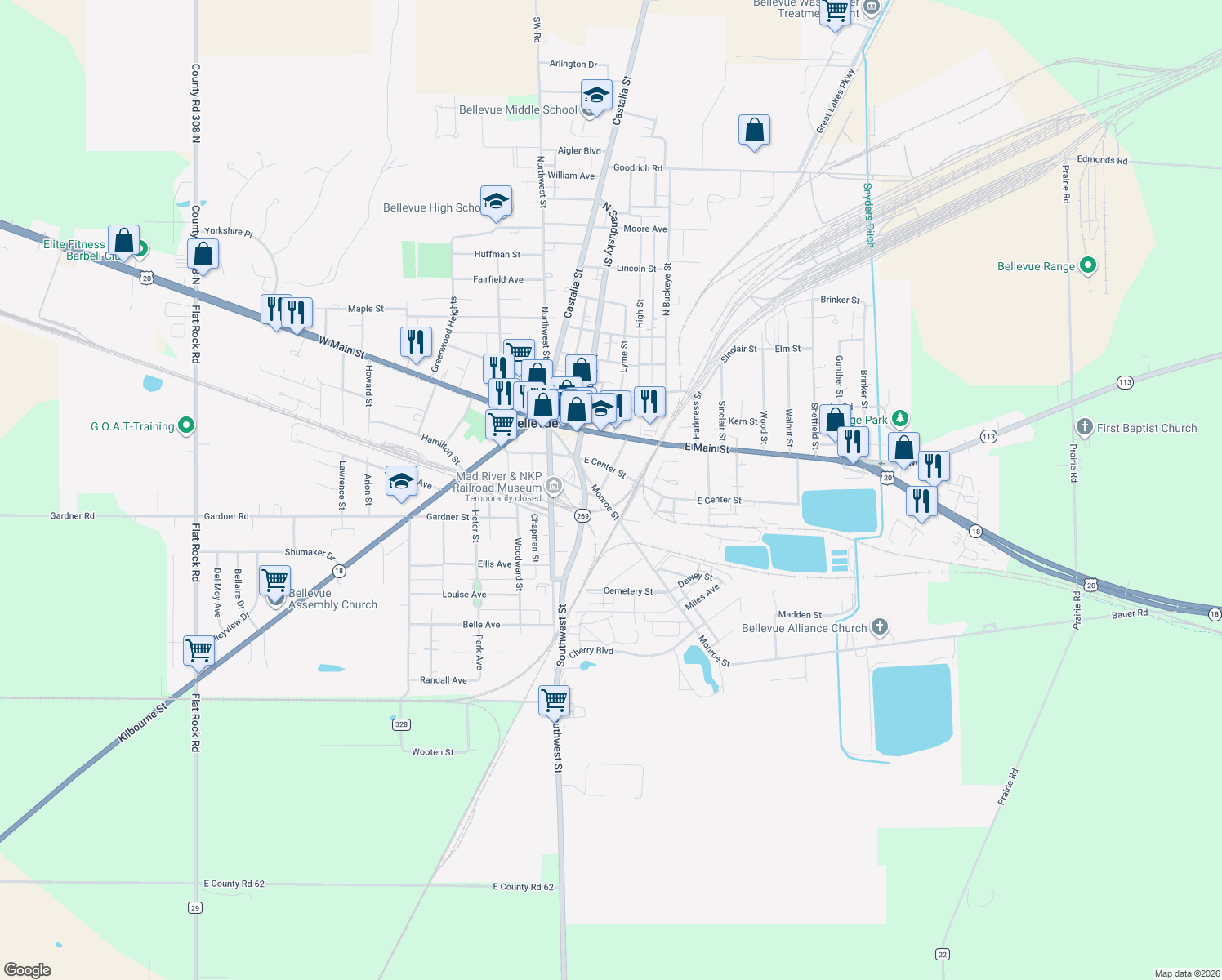 map of restaurants, bars, coffee shops, grocery stores, and more near 221 Broad Street in Bellevue