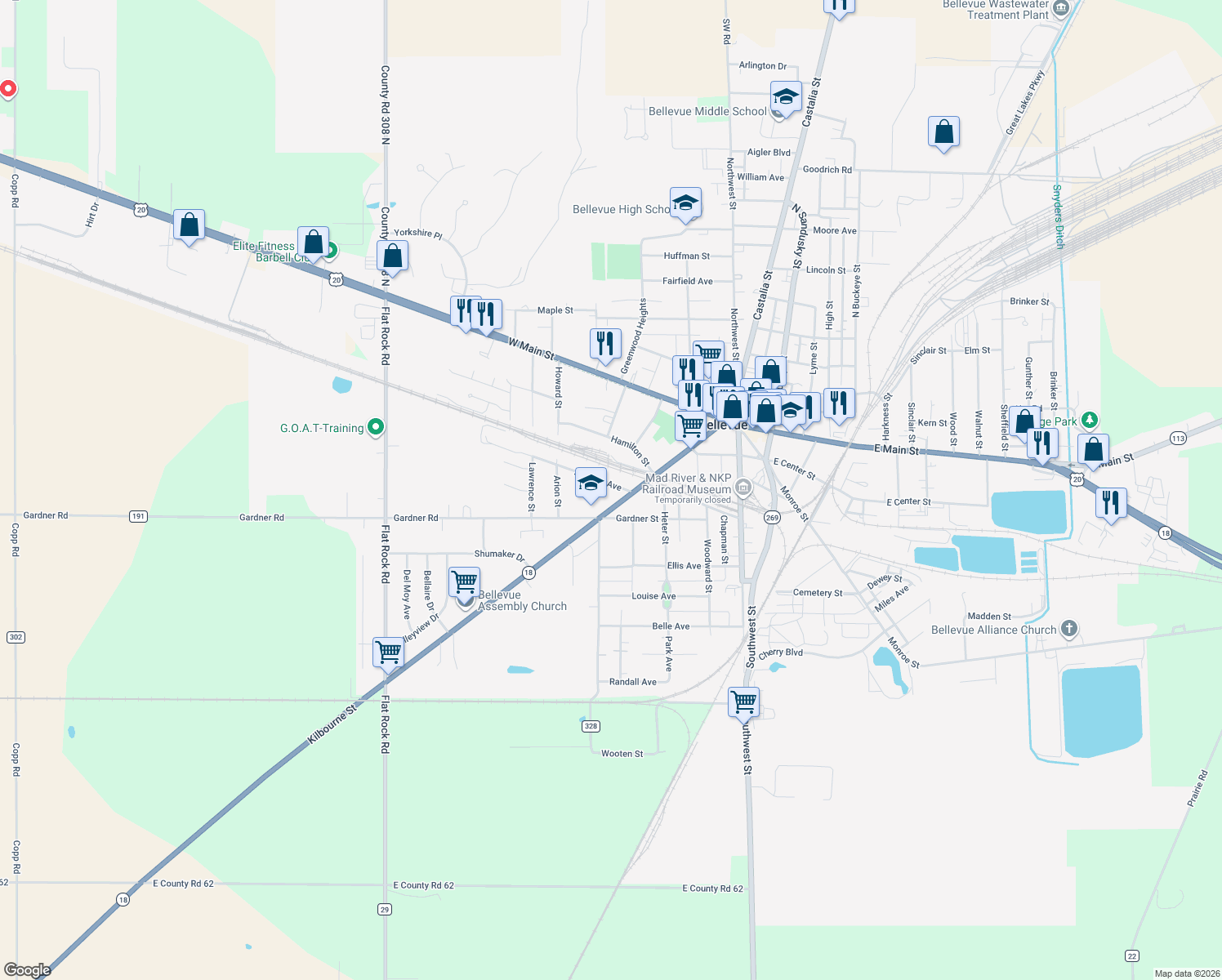 map of restaurants, bars, coffee shops, grocery stores, and more near 127 Ashford Avenue in Bellevue