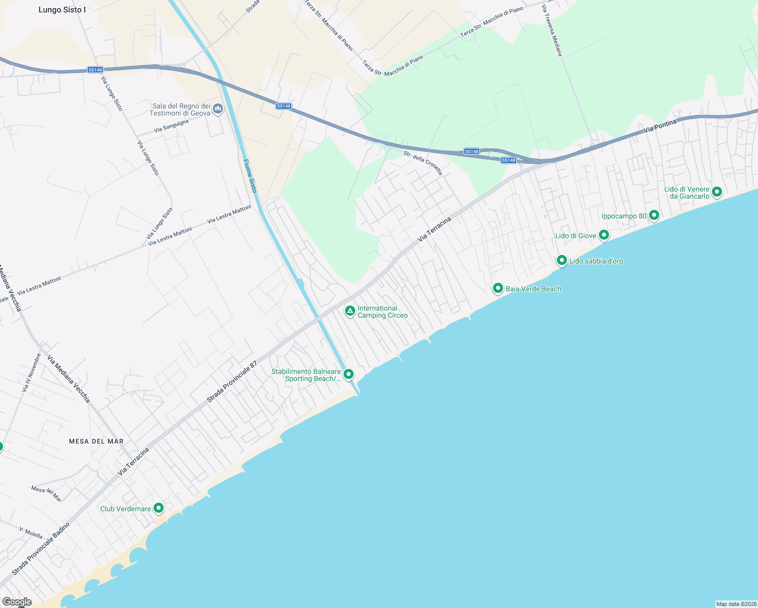 map of restaurants, bars, coffee shops, grocery stores, and more near 13 Riva dei Gabbiani in Terracina