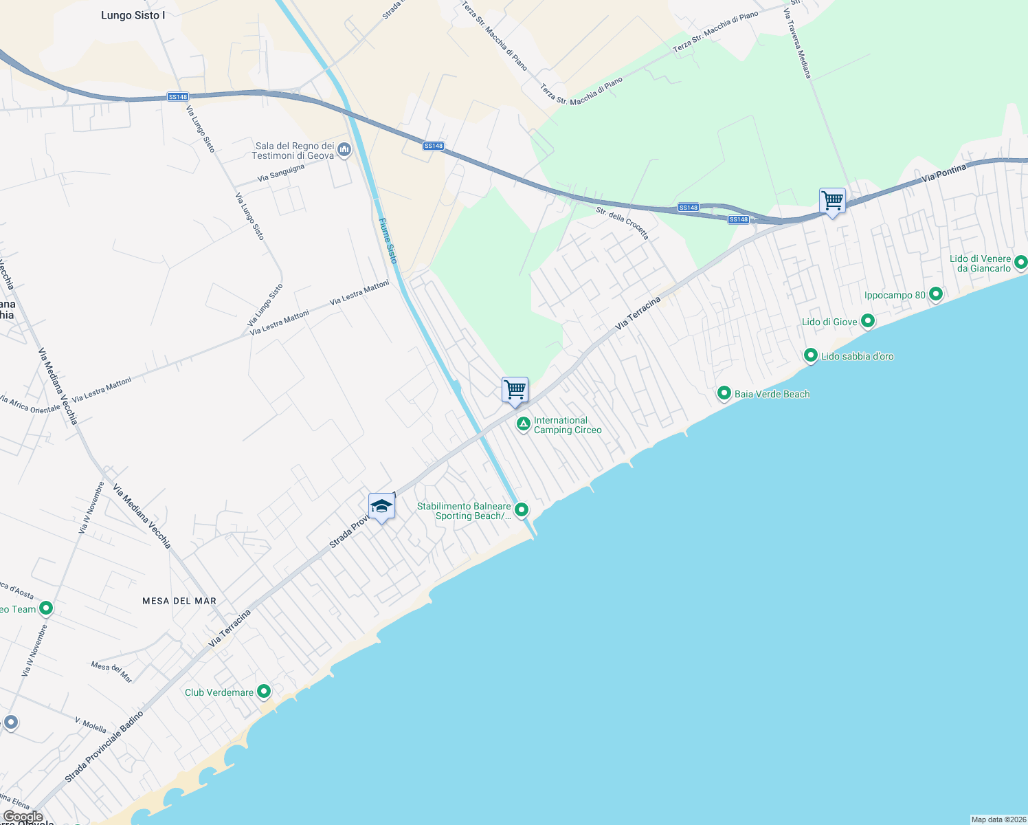 map of restaurants, bars, coffee shops, grocery stores, and more near Strada Provinciale San Felice Circeo in Terracina