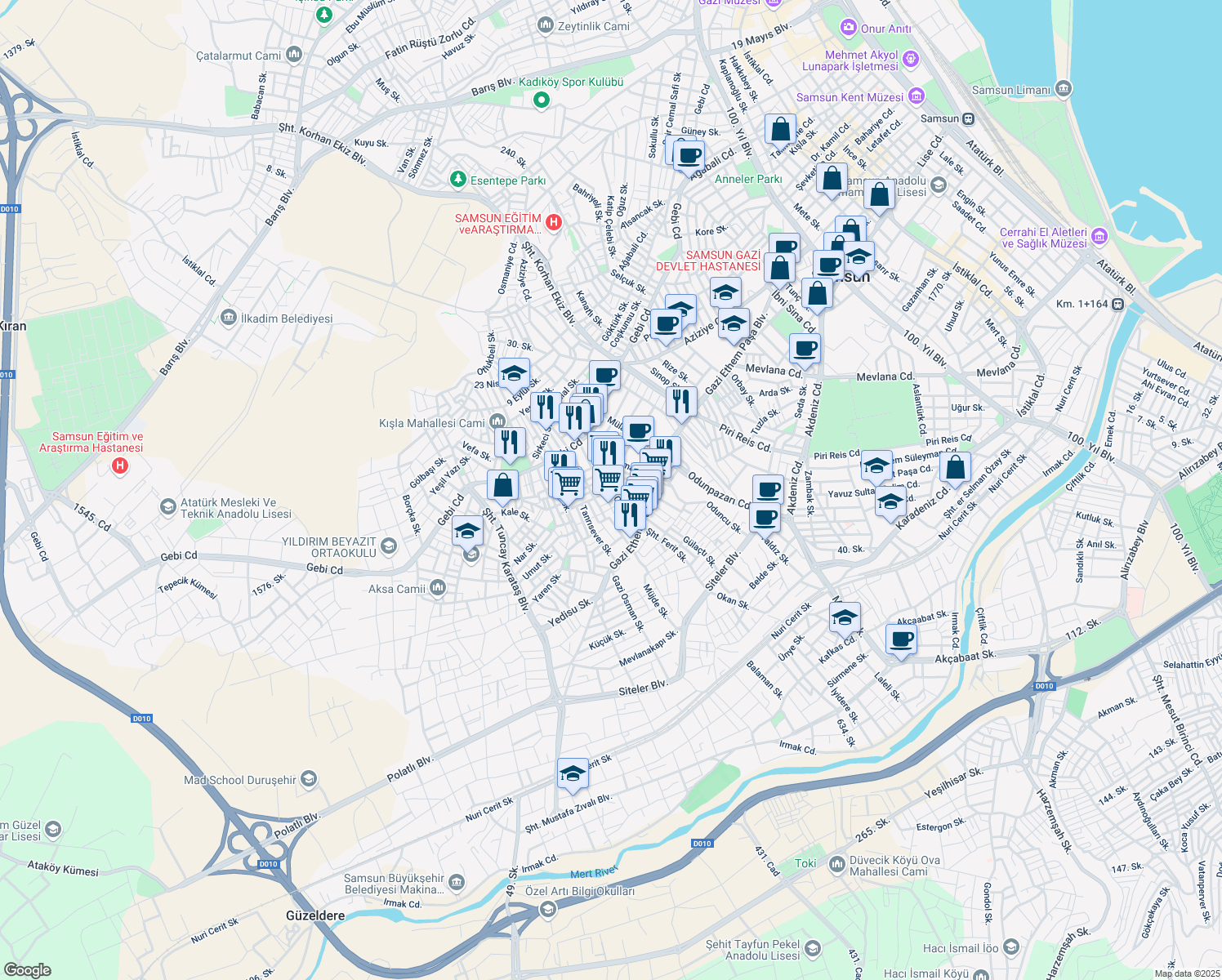 map of restaurants, bars, coffee shops, grocery stores, and more near 34 İstanbul Caddesi in İlkadım