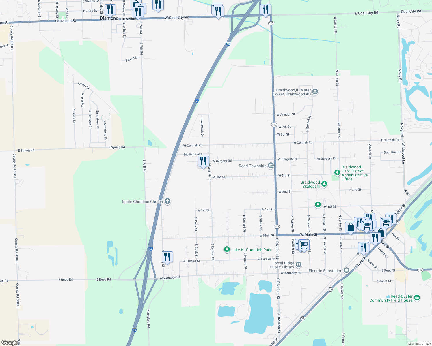 map of restaurants, bars, coffee shops, grocery stores, and more near 886 West 3rd Street in Braidwood