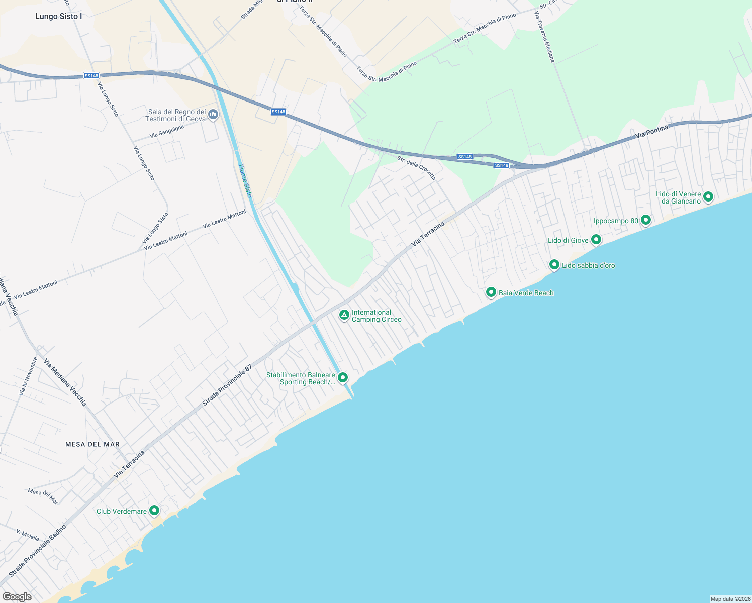 map of restaurants, bars, coffee shops, grocery stores, and more near 13 Riva dei Gabbiani in Terracina