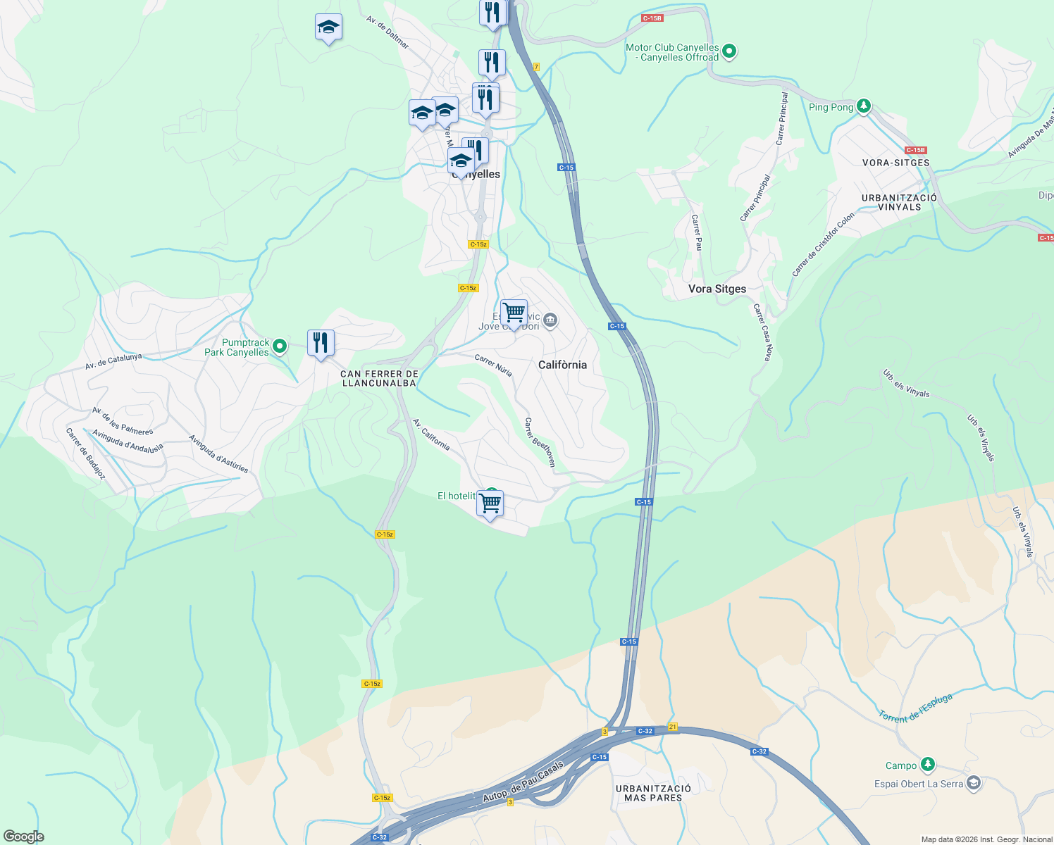 map of restaurants, bars, coffee shops, grocery stores, and more near in Canyelles