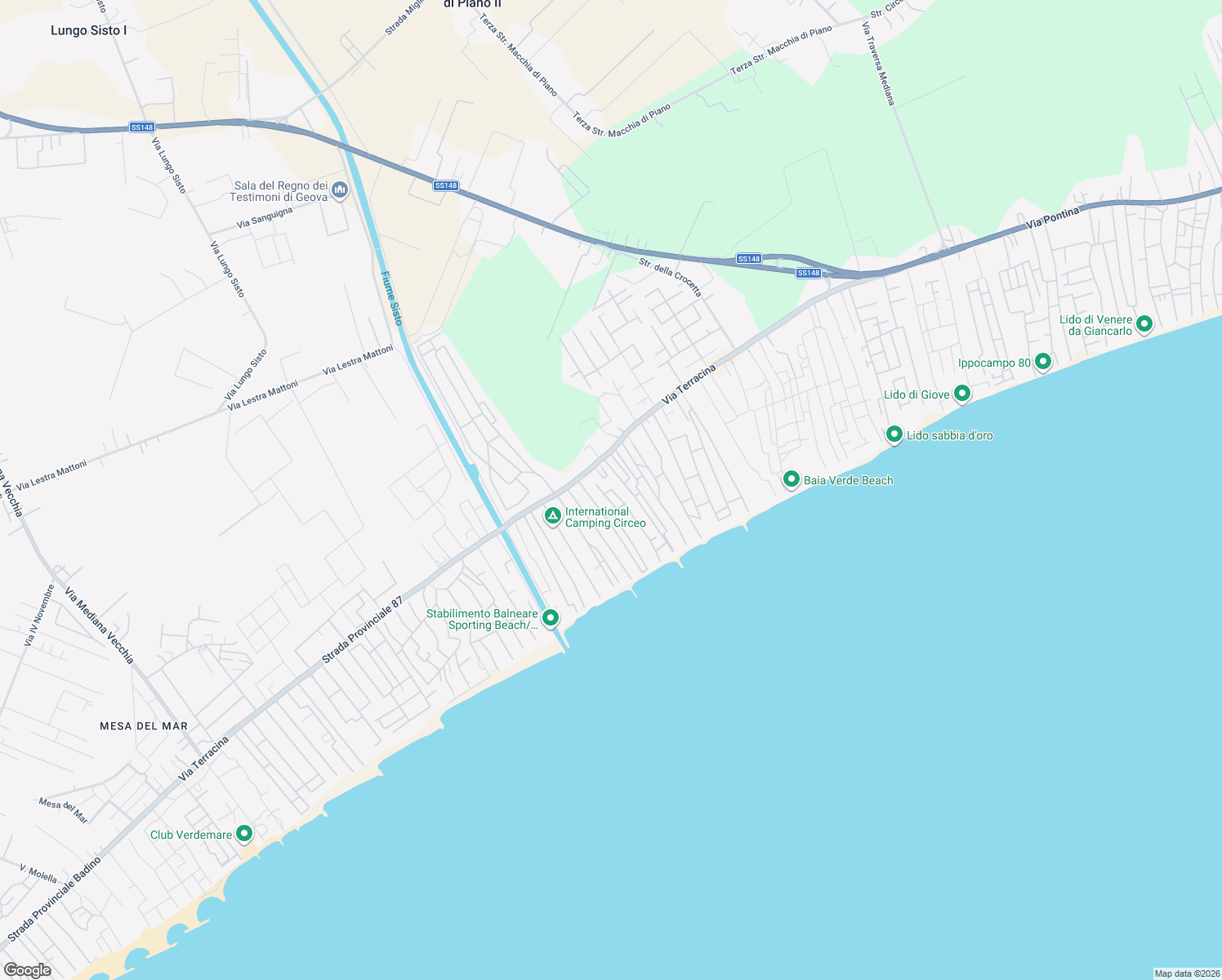 map of restaurants, bars, coffee shops, grocery stores, and more near 13 Riva dei Gabbiani in Terracina
