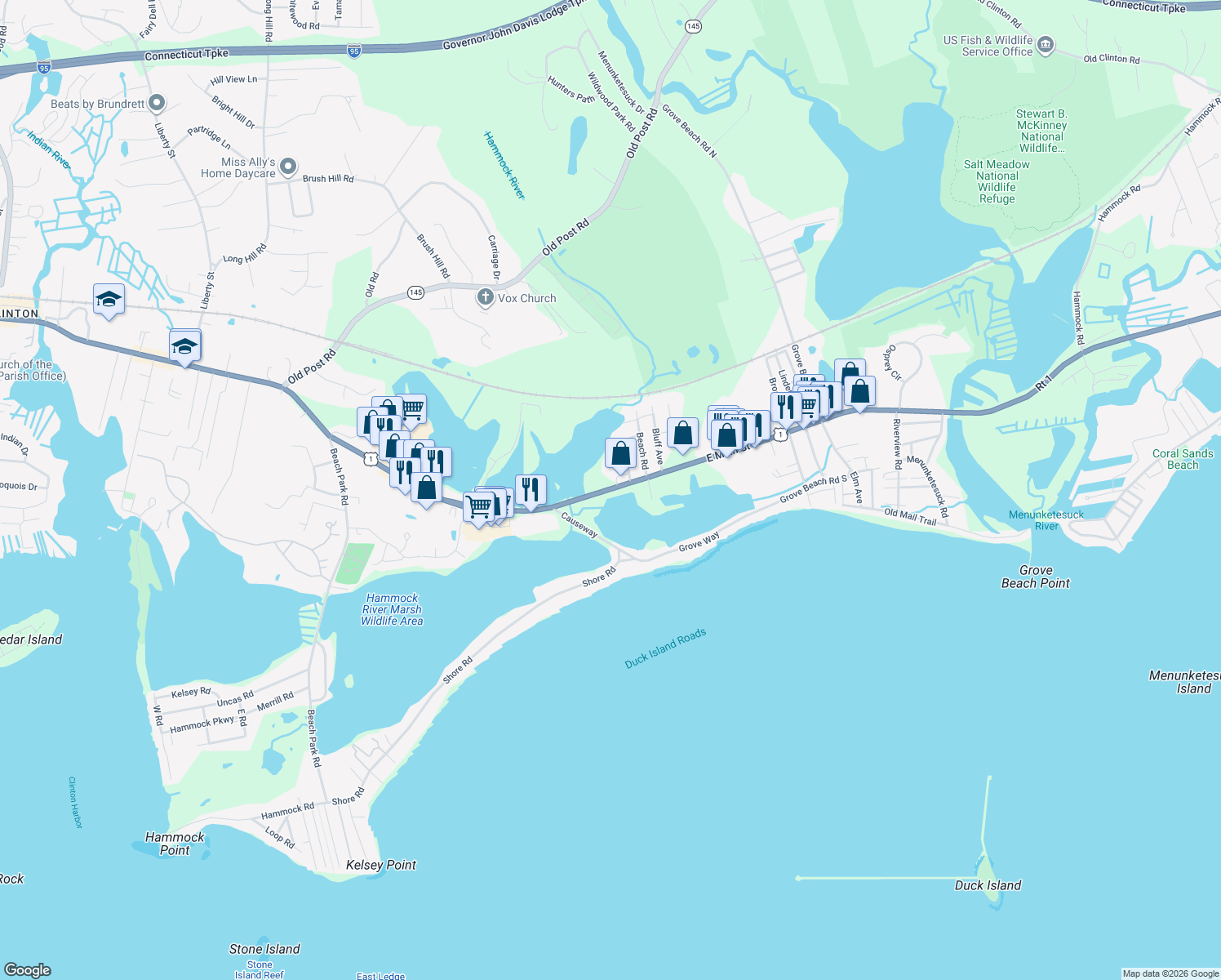 map of restaurants, bars, coffee shops, grocery stores, and more near 296 E Main St in Clinton