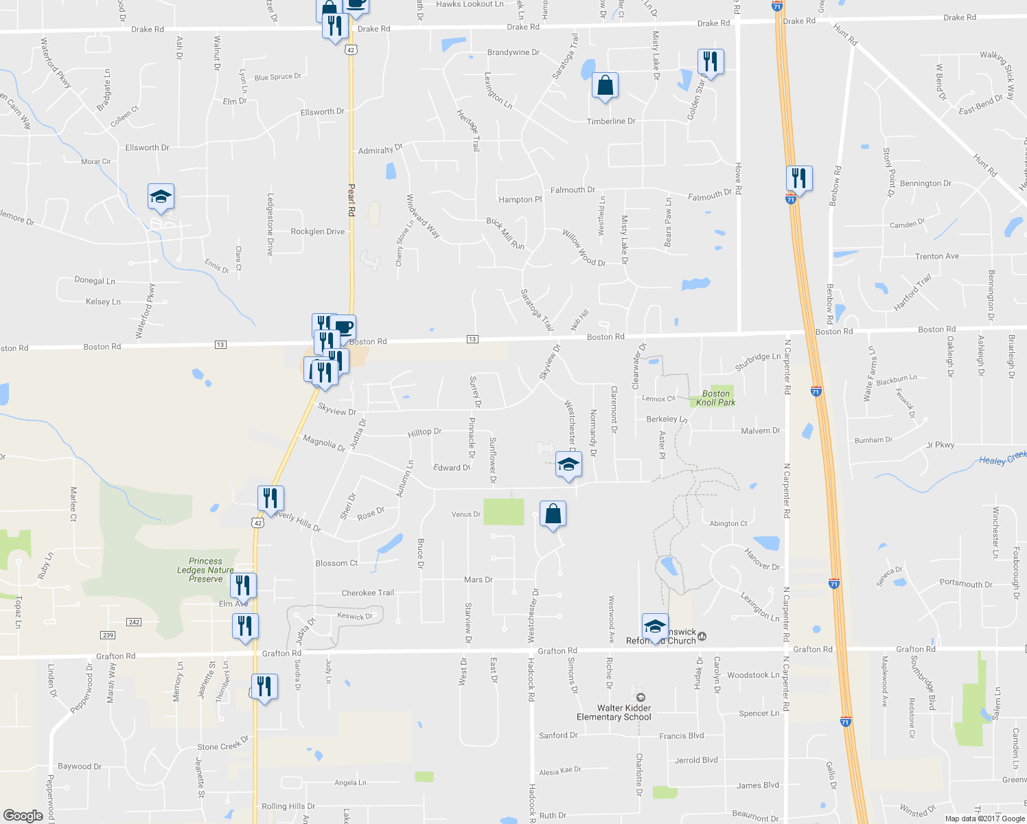 map of restaurants, bars, coffee shops, grocery stores, and more near 3862 Skyview Drive in Brunswick
