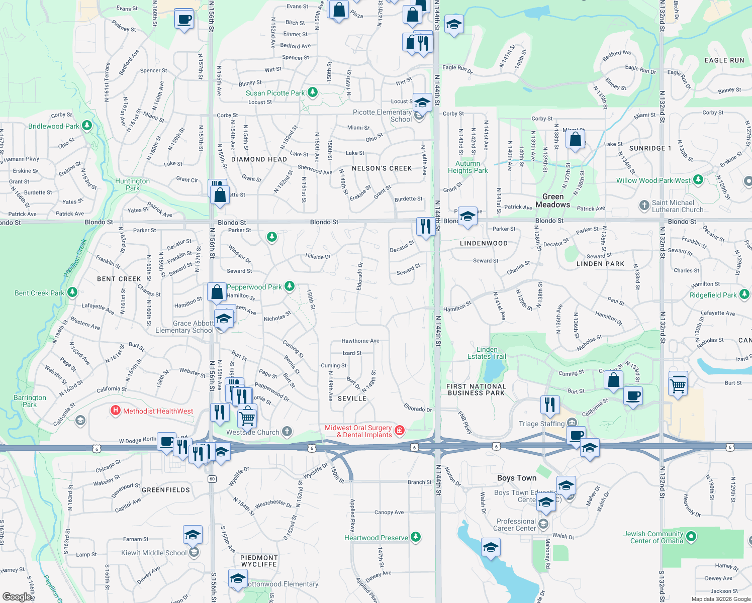 map of restaurants, bars, coffee shops, grocery stores, and more near 14811 Charles Plaza in Omaha