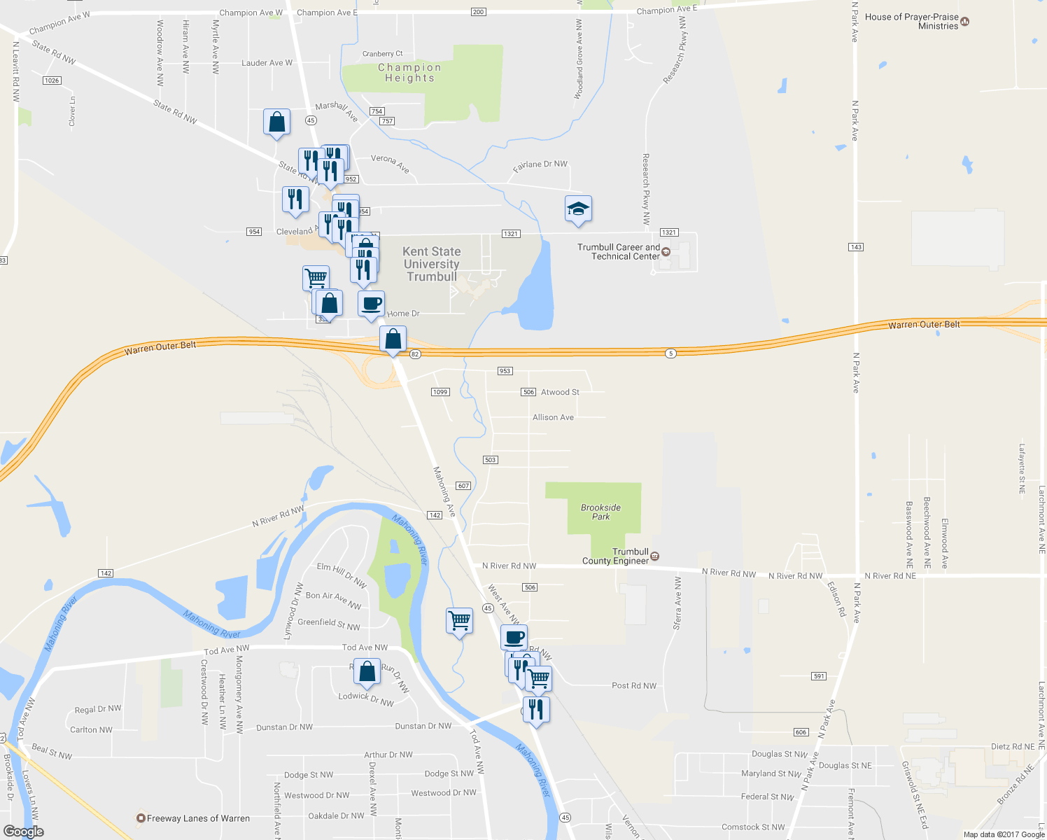 map of restaurants, bars, coffee shops, grocery stores, and more near 809 Allison Avenue Northwest in Warren