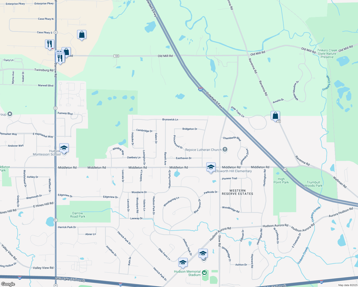 map of restaurants, bars, coffee shops, grocery stores, and more near 7949 Princewood Dr in Hudson