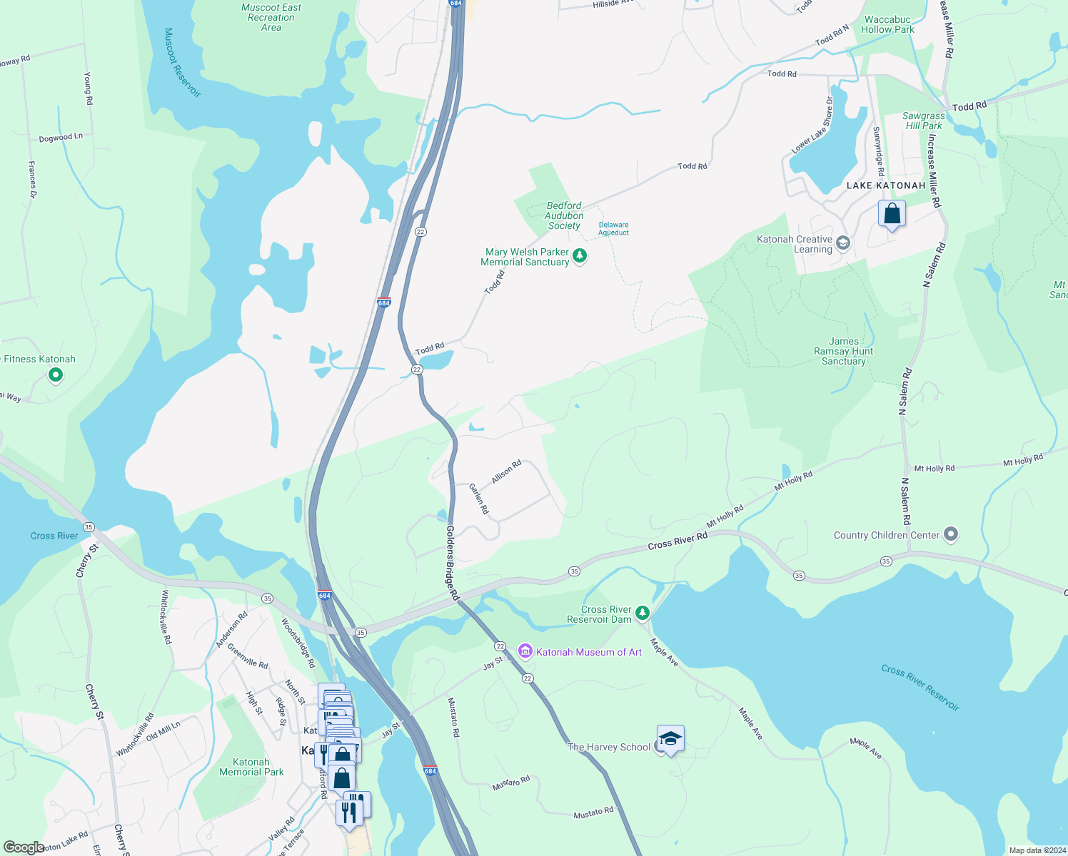 map of restaurants, bars, coffee shops, grocery stores, and more near 1 Samuel Purdy Lane in Katonah