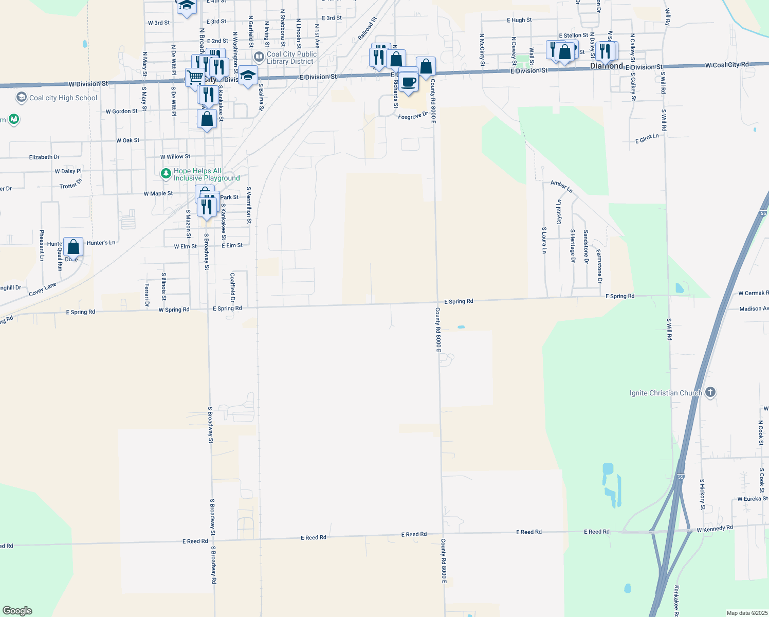 map of restaurants, bars, coffee shops, grocery stores, and more near 7783 East Spring Road in Coal City