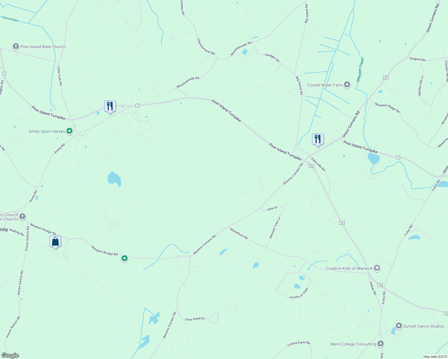 map of restaurants, bars, coffee shops, grocery stores, and more near 26 Blooms Corners Road in Warwick