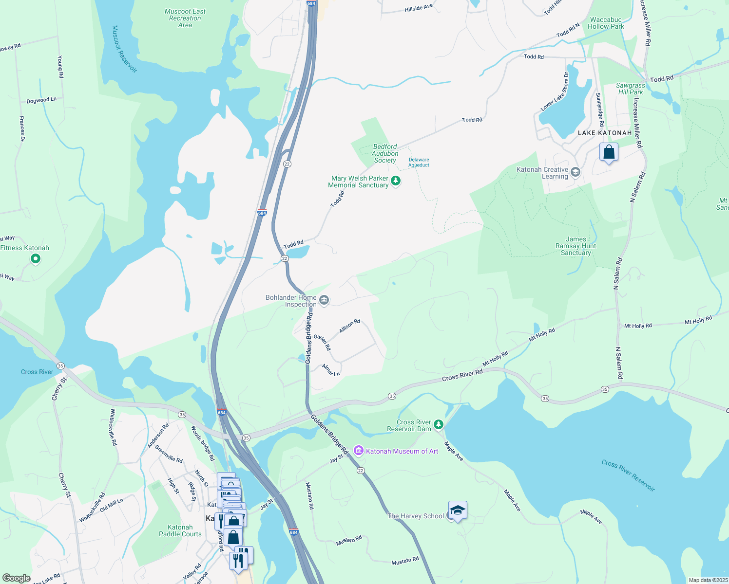 map of restaurants, bars, coffee shops, grocery stores, and more near 1 Samuel Purdy Lane in Katonah