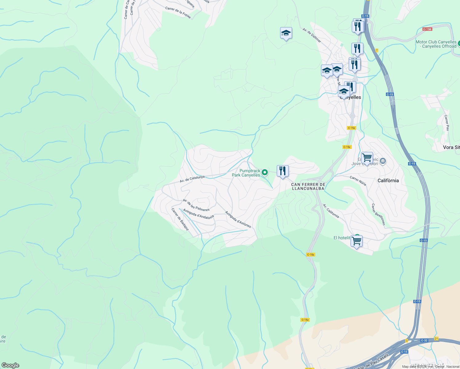 map of restaurants, bars, coffee shops, grocery stores, and more near in Canyelles
