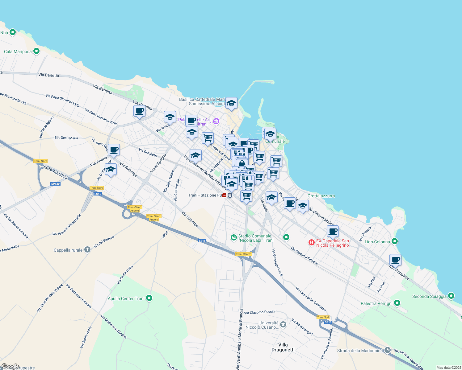 map of restaurants, bars, coffee shops, grocery stores, and more near 2 Via Tenente Luigi Morrico in Trani