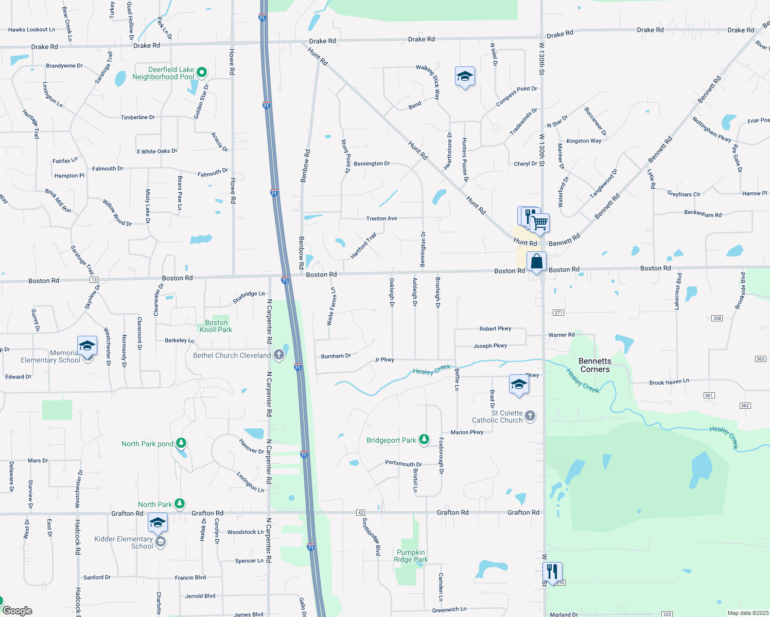 map of restaurants, bars, coffee shops, grocery stores, and more near 80 Oakleigh Dr in Brunswick