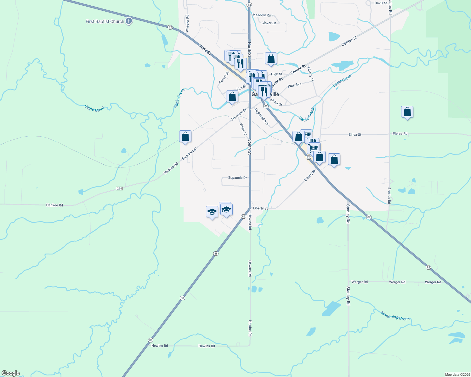 map of restaurants, bars, coffee shops, grocery stores, and more near 7935 Zupancic Drive in Garrettsville