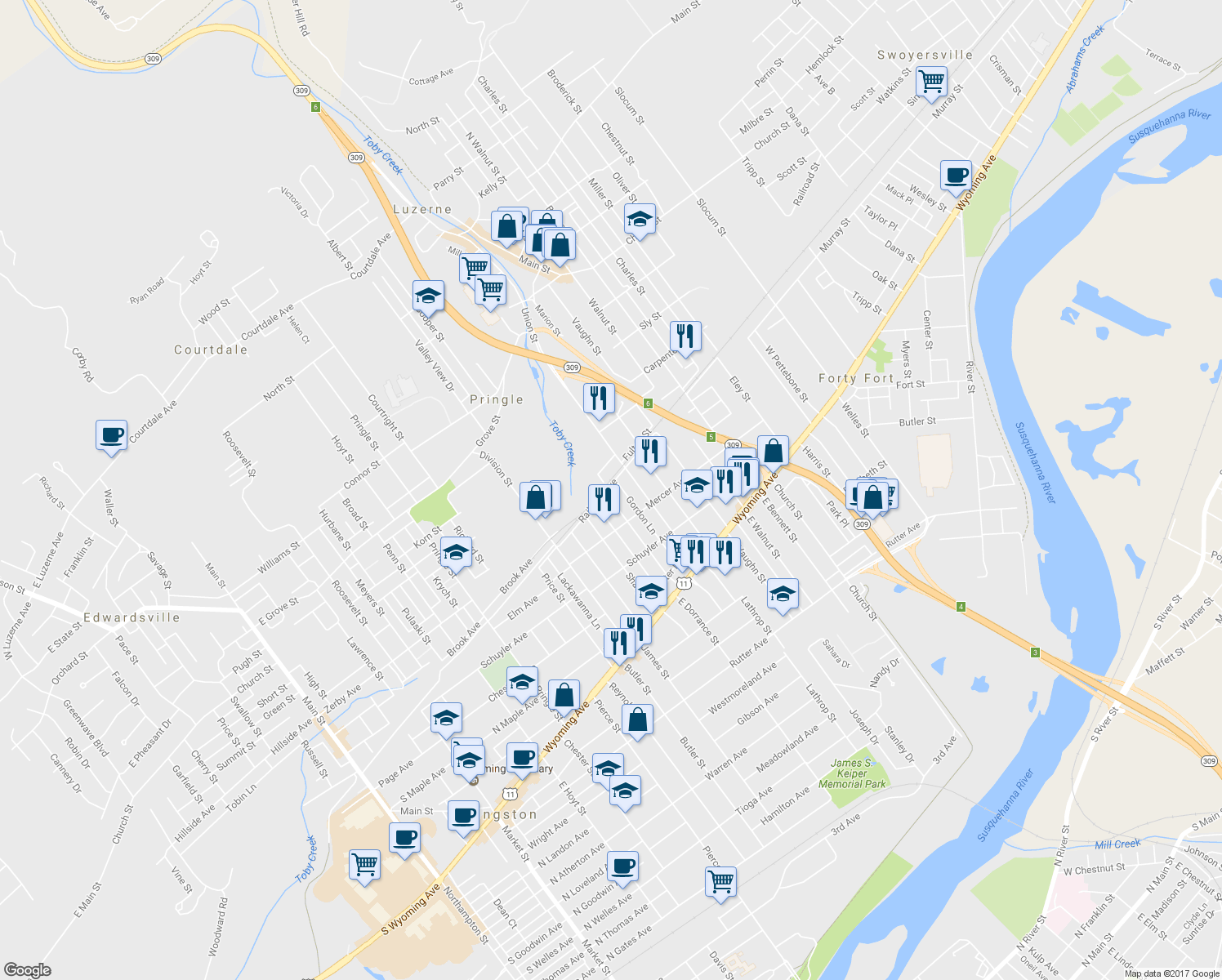 map of restaurants, bars, coffee shops, grocery stores, and more near 128 West Union Street in Kingston