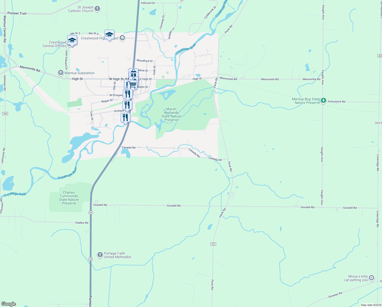 map of restaurants, bars, coffee shops, grocery stores, and more near 4934 Canada Rd in Mantua