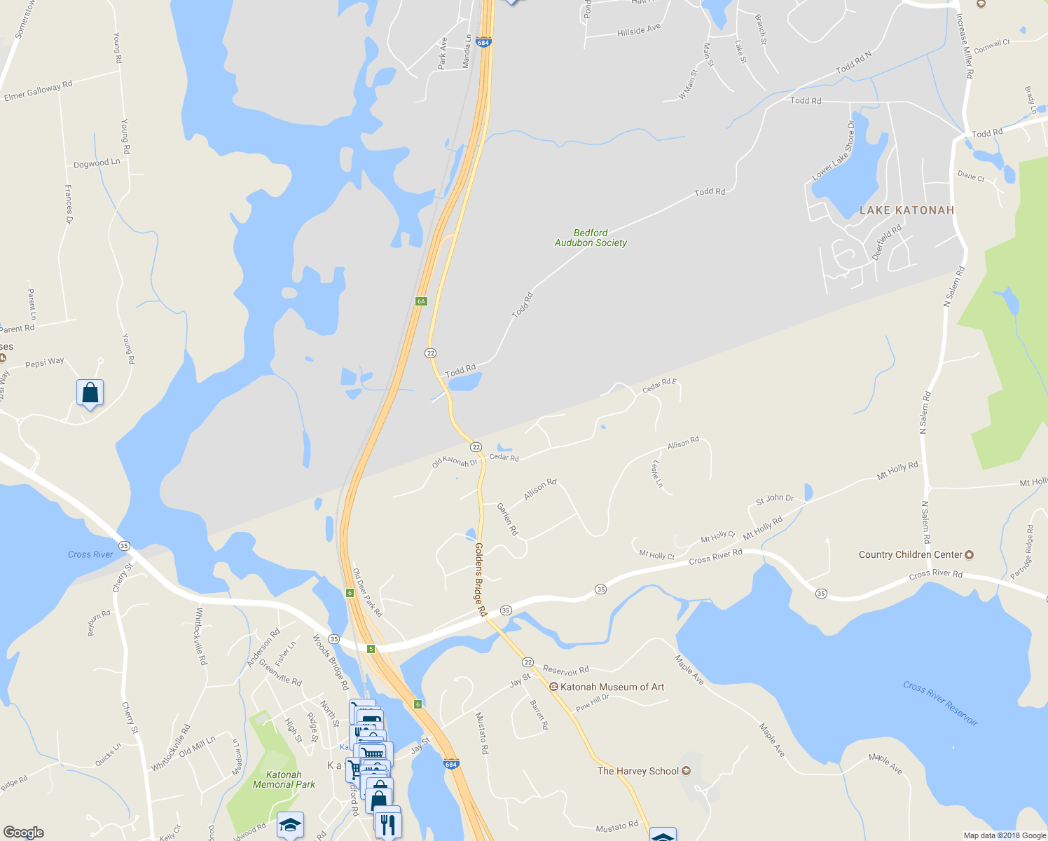 map of restaurants, bars, coffee shops, grocery stores, and more near 24 Anne Chambers Lane in Katonah