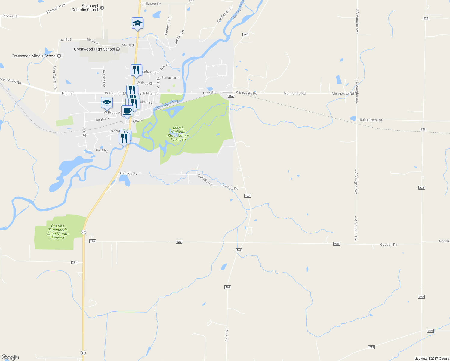 map of restaurants, bars, coffee shops, grocery stores, and more near 5029 Canada Road in Mantua