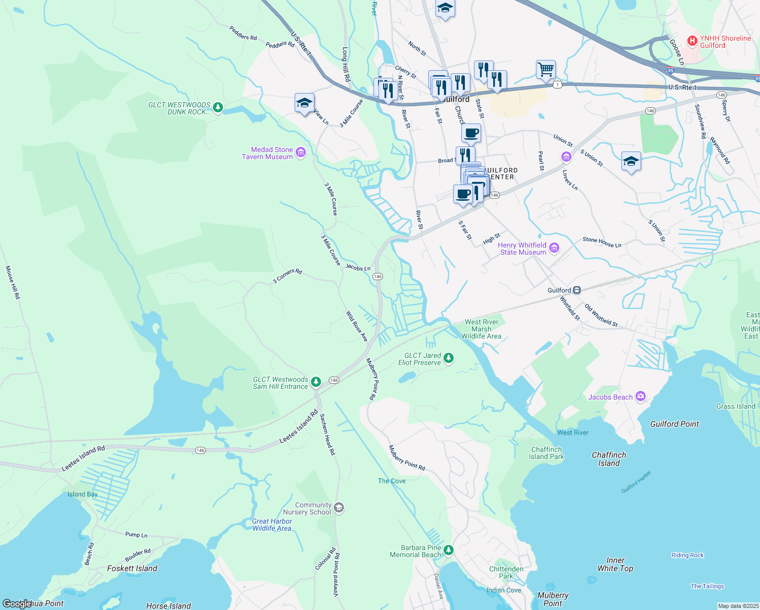 map of restaurants, bars, coffee shops, grocery stores, and more near 342 Water St in Guilford