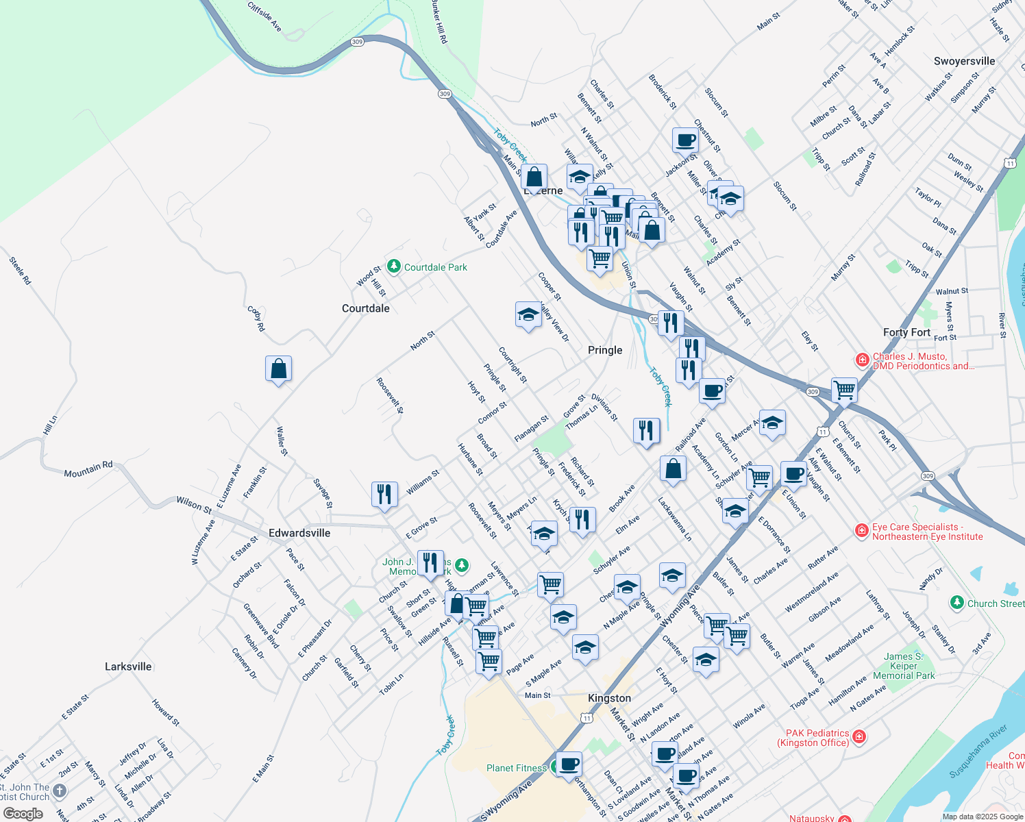 map of restaurants, bars, coffee shops, grocery stores, and more near 408 Pringle Street in Pringle