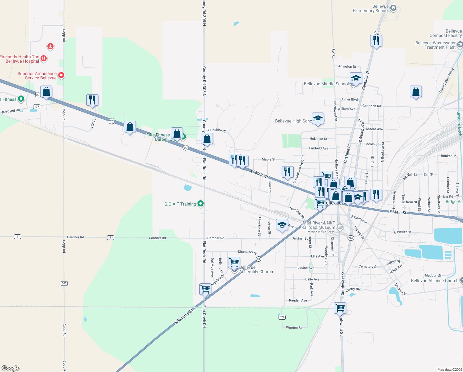 map of restaurants, bars, coffee shops, grocery stores, and more near 133 Redwood Dr in Bellevue