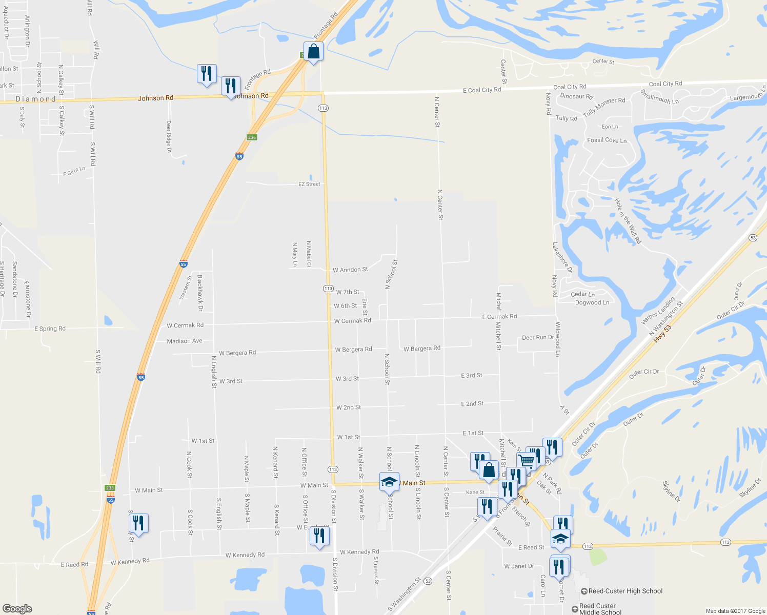 map of restaurants, bars, coffee shops, grocery stores, and more near 305 West 6th Street in Braidwood