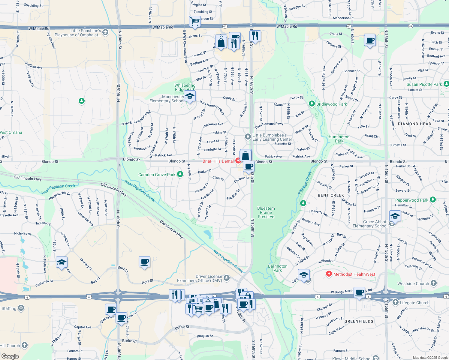 map of restaurants, bars, coffee shops, grocery stores, and more near 17105 Clark Street in Omaha