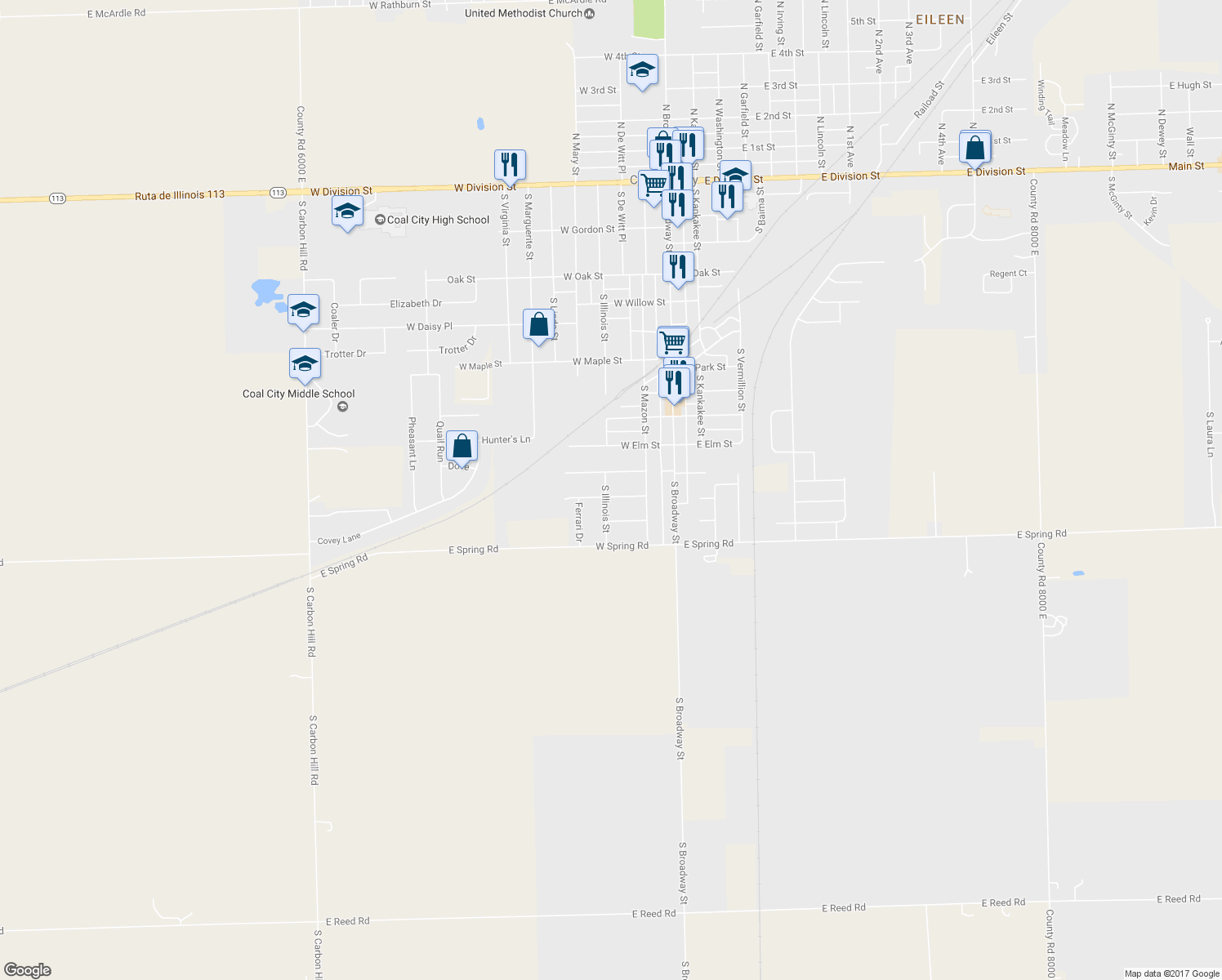 map of restaurants, bars, coffee shops, grocery stores, and more near 985 South Illinois Street in Coal City