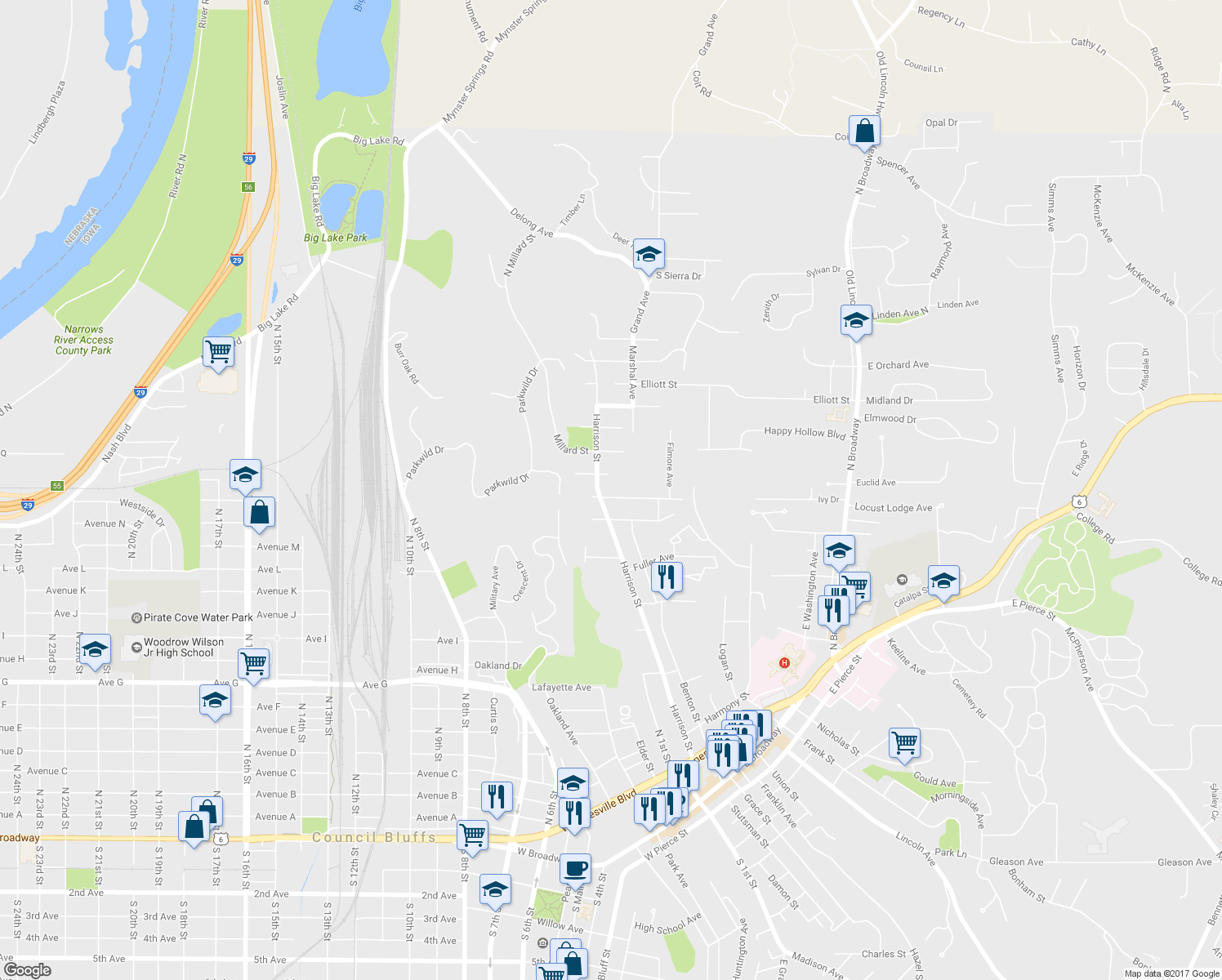map of restaurants, bars, coffee shops, grocery stores, and more near 214 Fleming Avenue in Council Bluffs