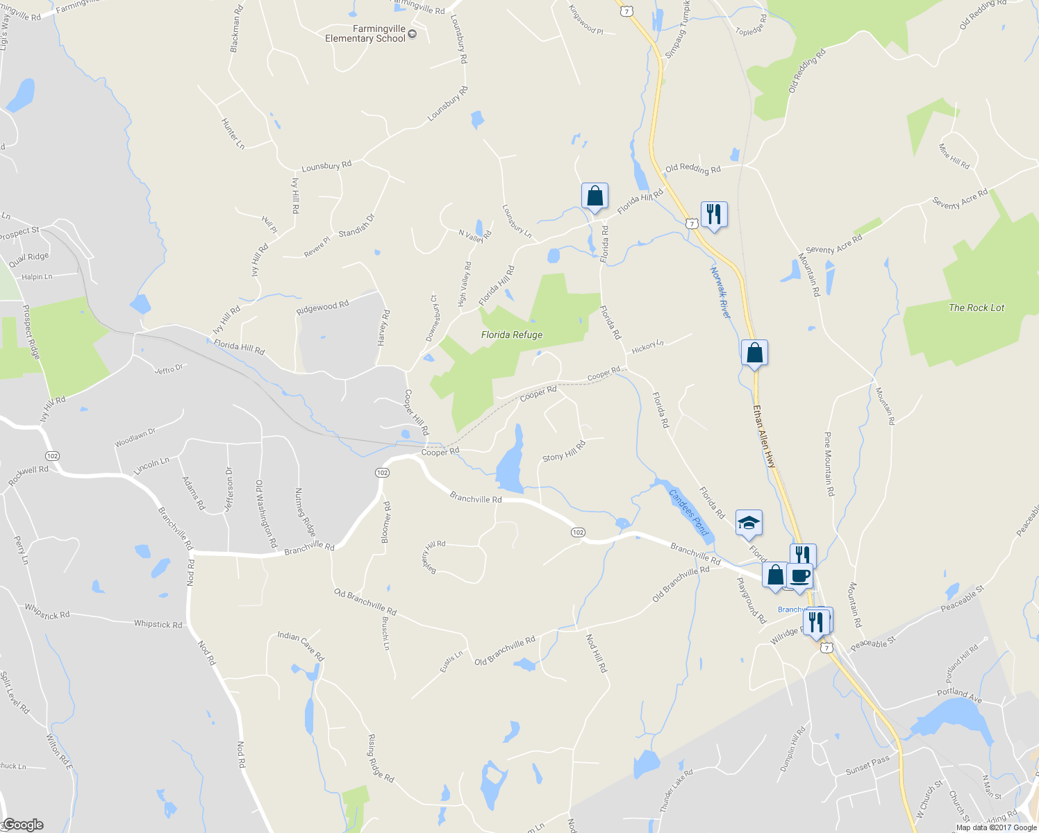 map of restaurants, bars, coffee shops, grocery stores, and more near 92 Cooper Road in Ridgefield