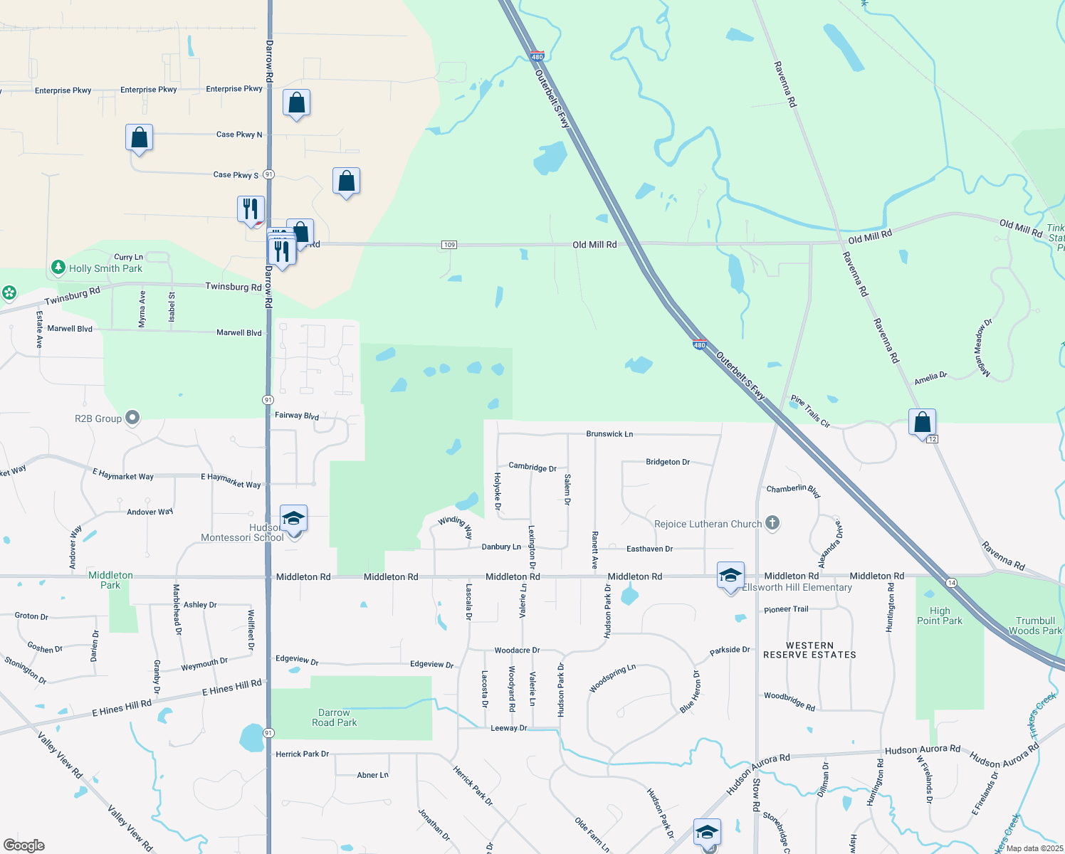 map of restaurants, bars, coffee shops, grocery stores, and more near 2417 Brunswick Lane in Hudson