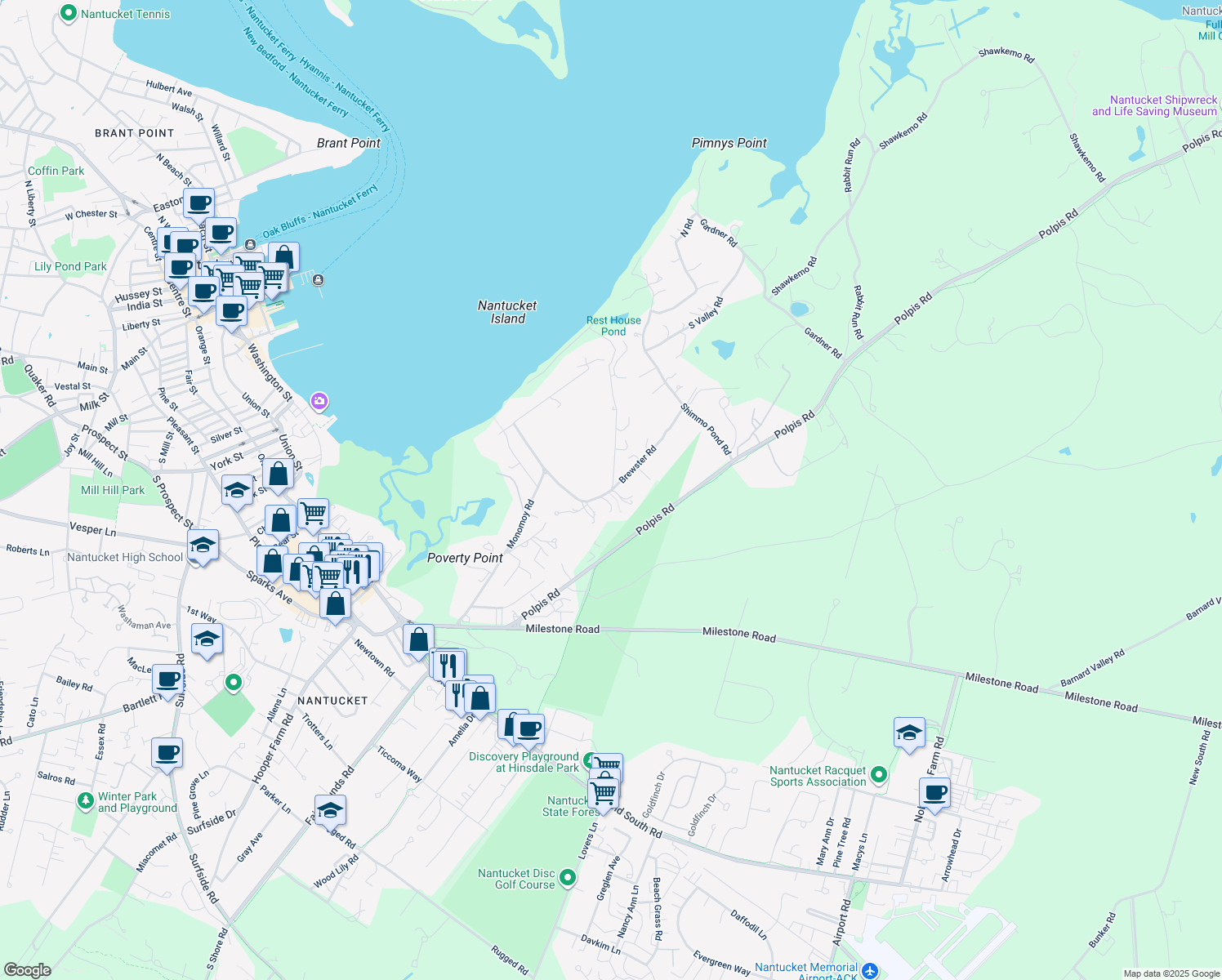 map of restaurants, bars, coffee shops, grocery stores, and more near 27 Brewster Road in Nantucket