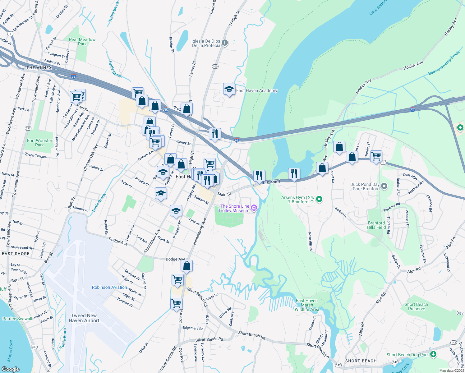 map of restaurants, bars, coffee shops, grocery stores, and more near 15 Goodsell Street in East Haven