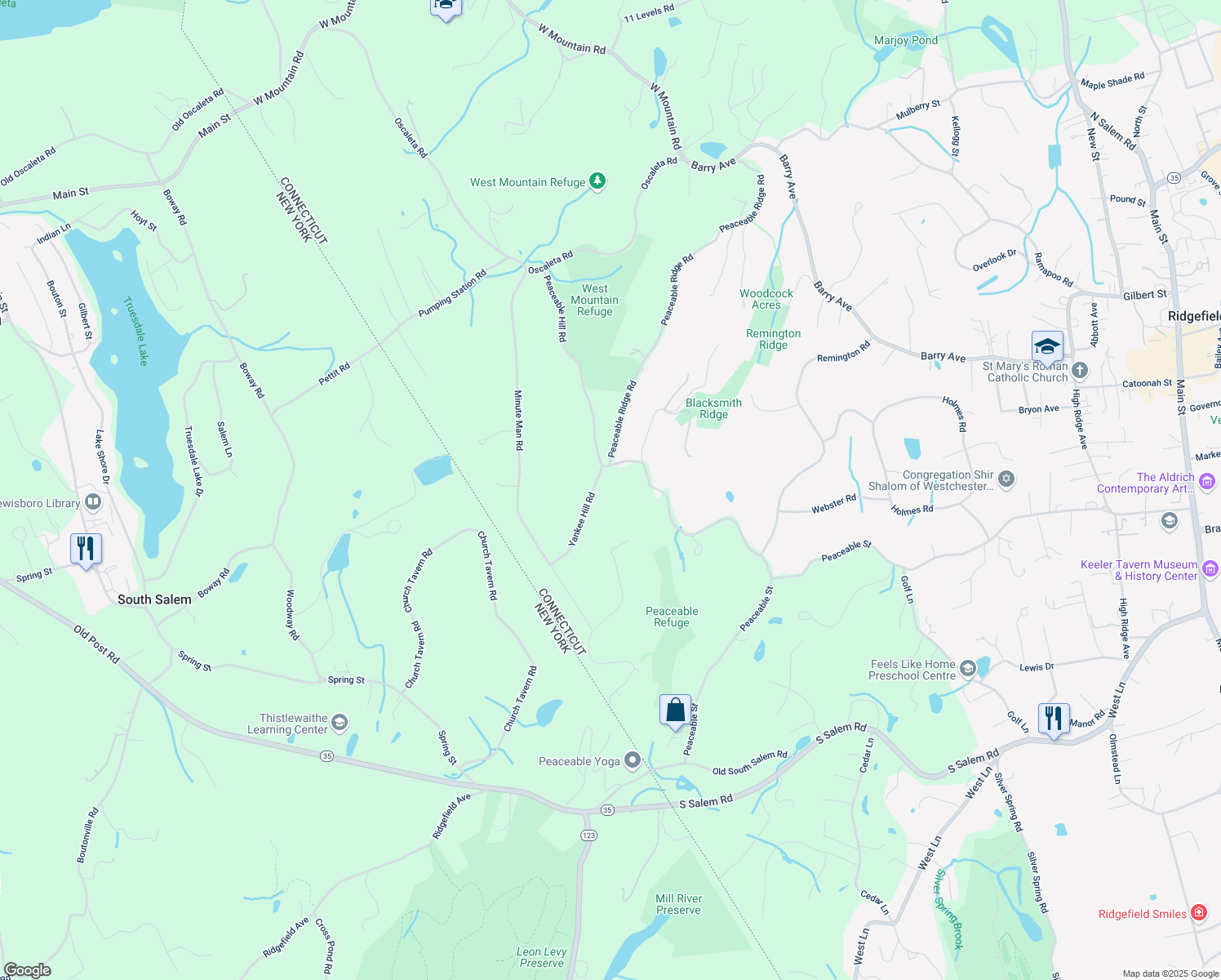 map of restaurants, bars, coffee shops, grocery stores, and more near 56 Yankee Hill Road in Ridgefield