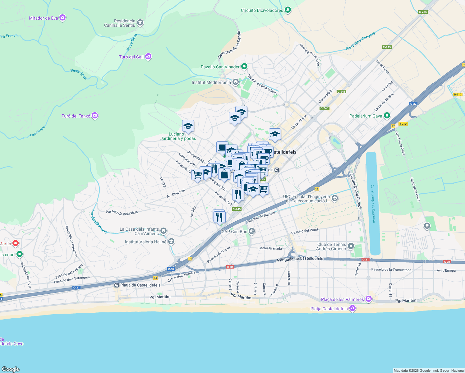 map of restaurants, bars, coffee shops, grocery stores, and more near in Castelldefels