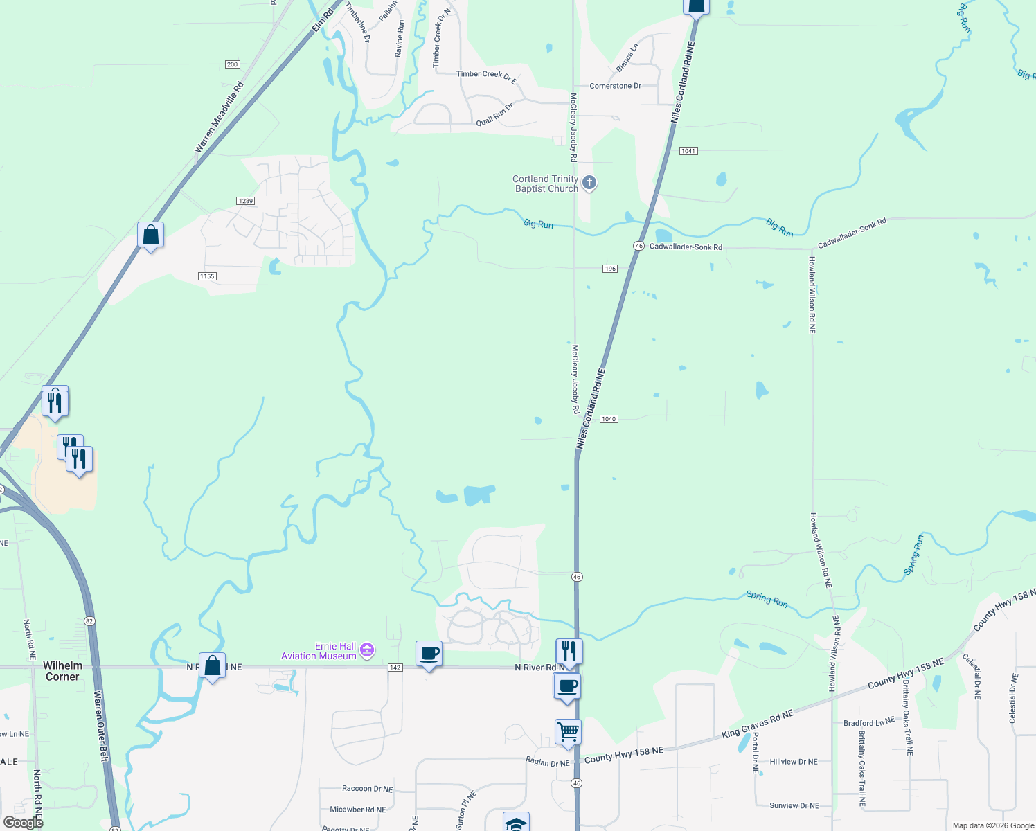 map of restaurants, bars, coffee shops, grocery stores, and more near 2187 Mc Cleary Jacoby Road in Cortland