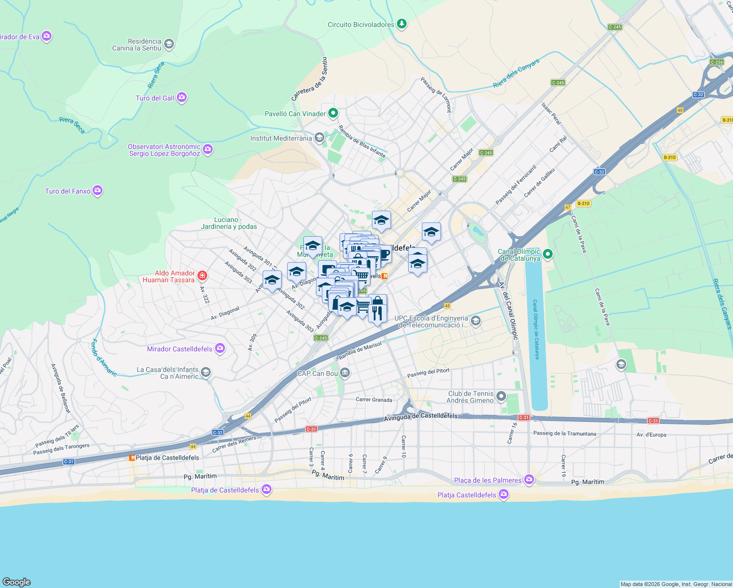 map of restaurants, bars, coffee shops, grocery stores, and more near 8 Passeig de la Marina in Castelldefels