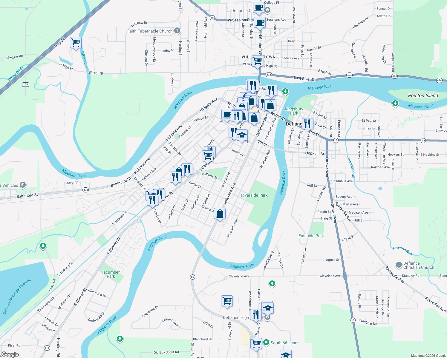 map of restaurants, bars, coffee shops, grocery stores, and more near 864 Wayne Ave in Defiance