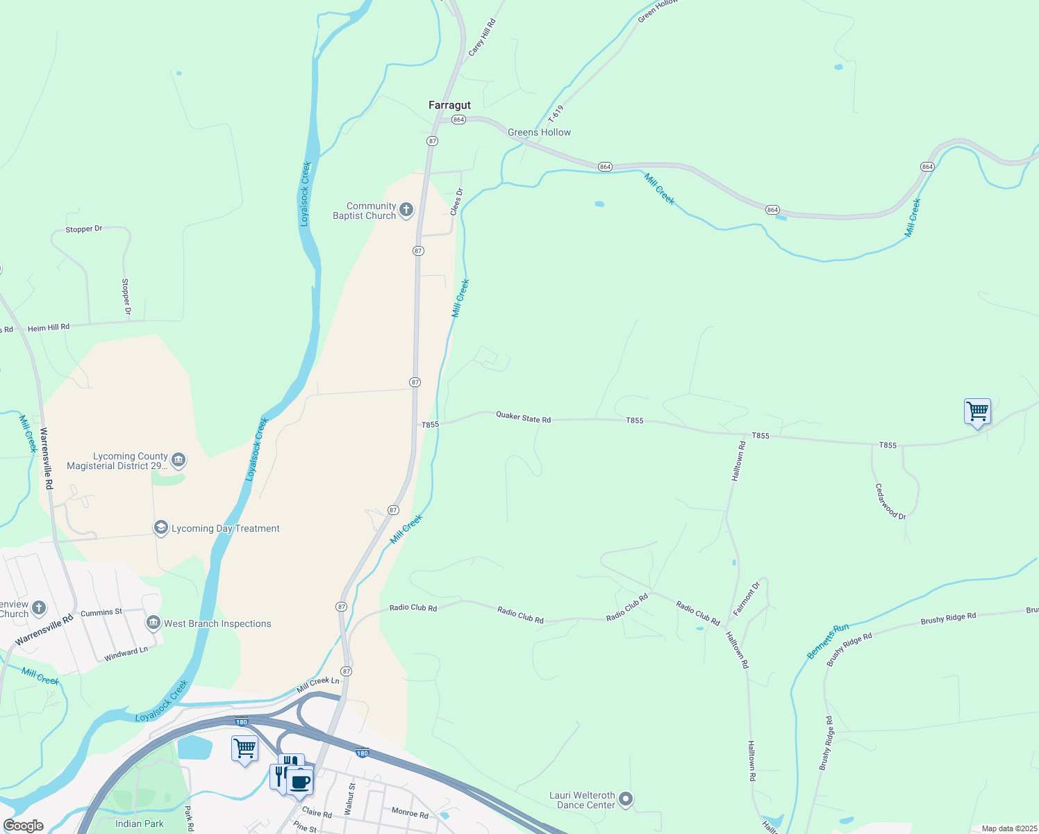 map of restaurants, bars, coffee shops, grocery stores, and more near 575 Quaker State Road in Montoursville
