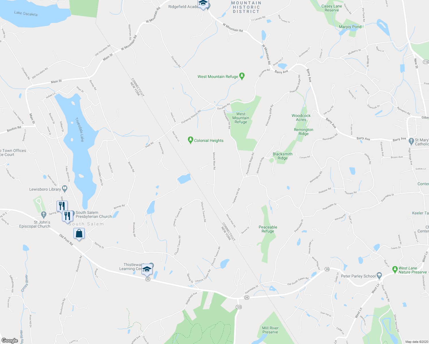 map of restaurants, bars, coffee shops, grocery stores, and more near 155 Minute Man Road in Ridgefield