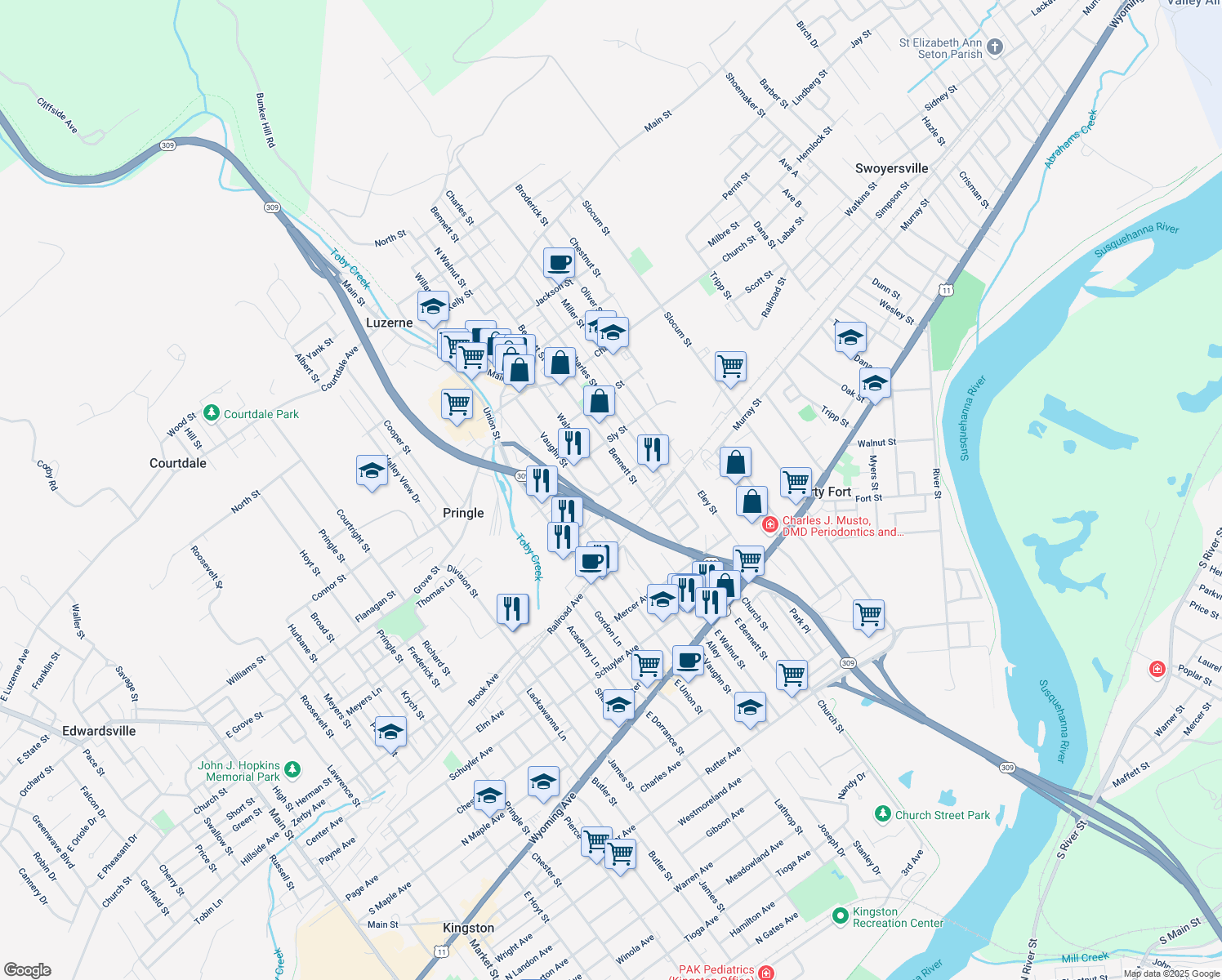 map of restaurants, bars, coffee shops, grocery stores, and more near 280 Walnut Street in Luzerne