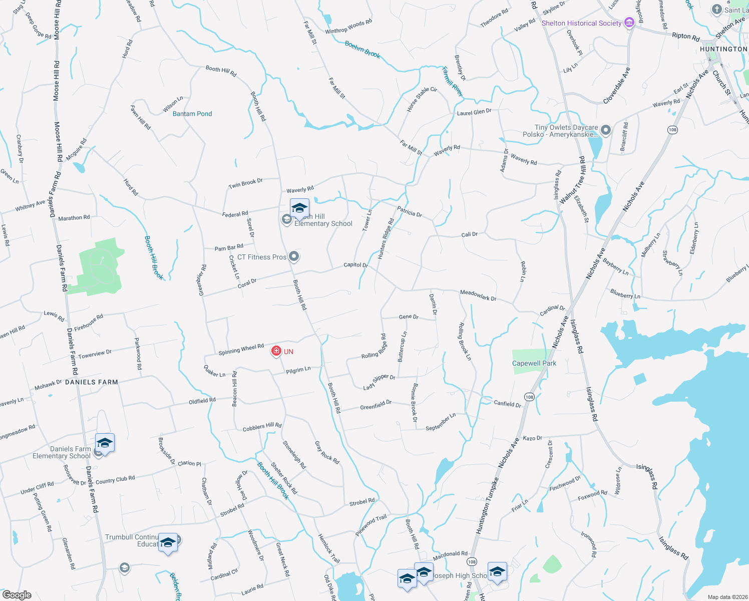 map of restaurants, bars, coffee shops, grocery stores, and more near 2 Hunters Ridge Road in Shelton