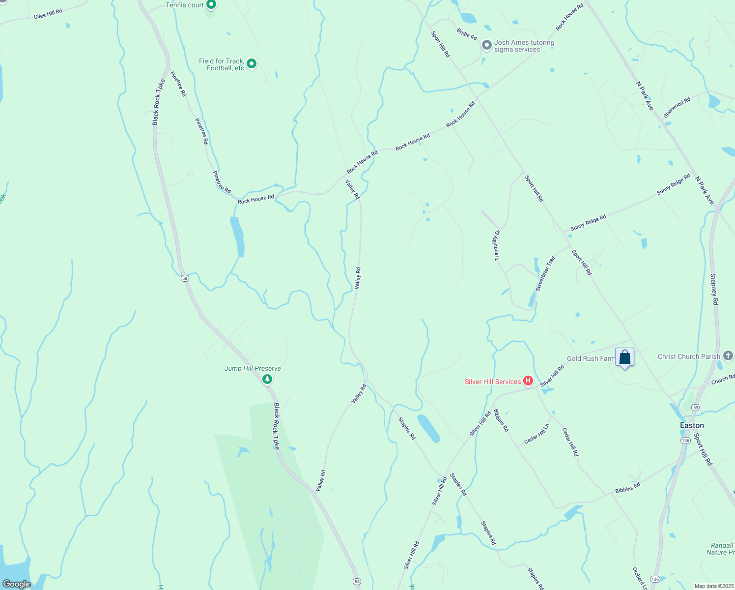 map of restaurants, bars, coffee shops, grocery stores, and more near 216 Valley Road in Easton