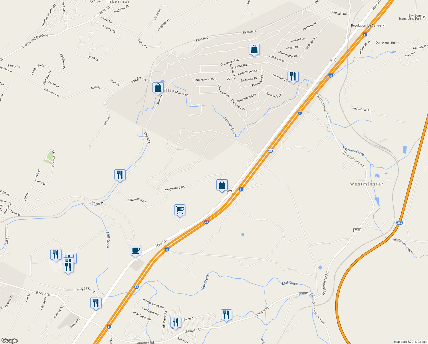 map of restaurants, bars, coffee shops, grocery stores, and more near 220 Ridgewood Rd in Wilkes-Barre