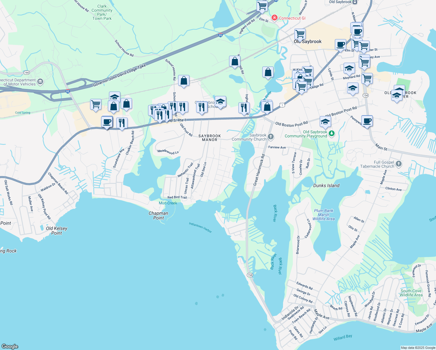 map of restaurants, bars, coffee shops, grocery stores, and more near 3 Whitney Ave in Old Saybrook